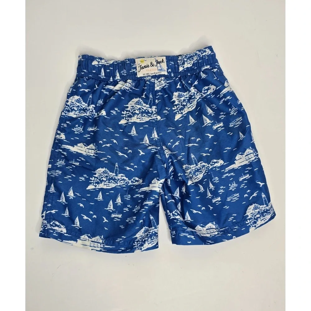 Janie and Jack Swim Trunks Boys Shorts 4 Blue Coastal Nautical Sailboats Ocean
